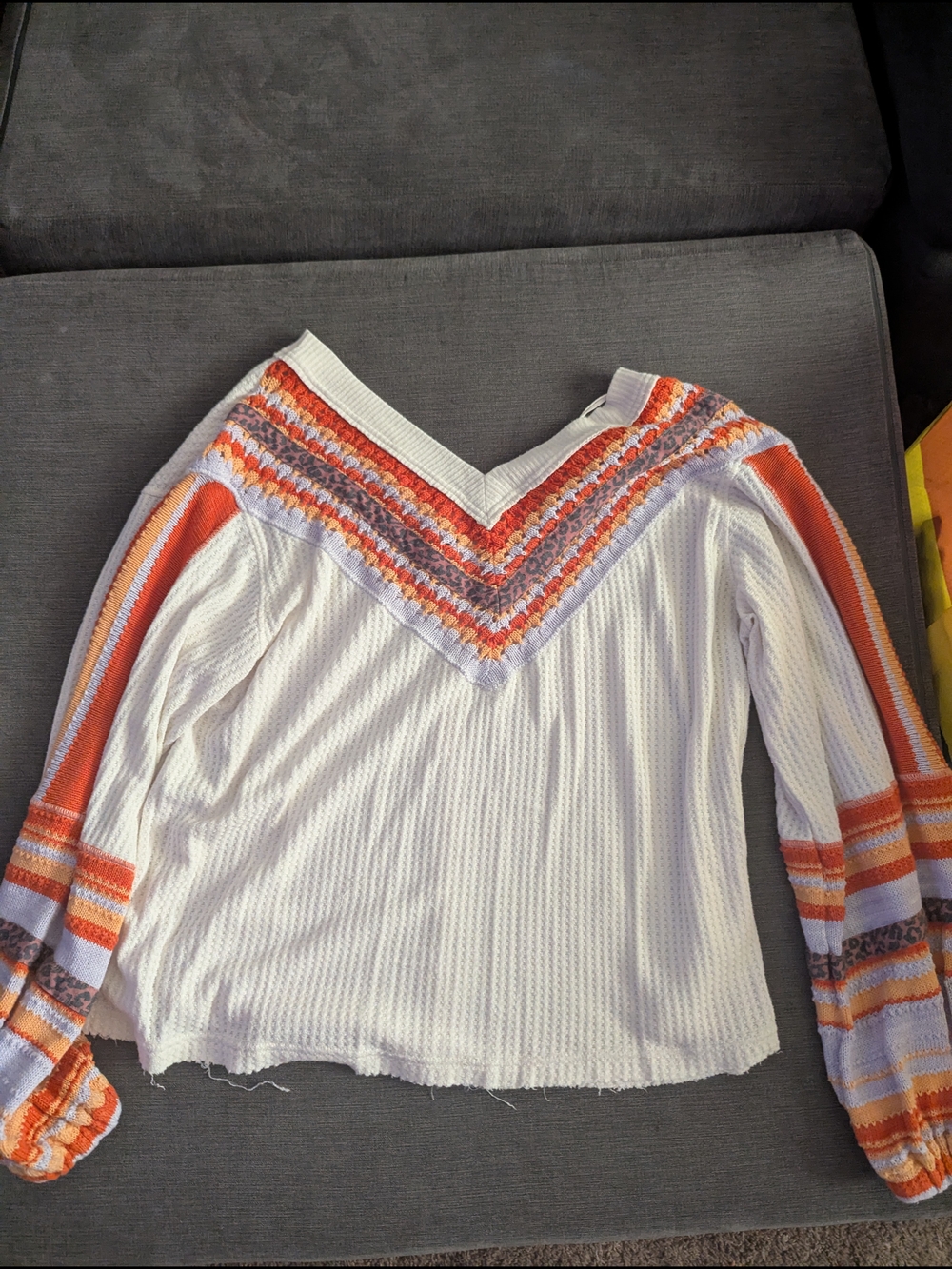 Free People White V-Neck Waffle Knit with Orange Crochet Stripe Details